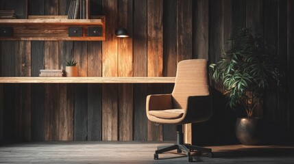 Cozy home office with wooden wall, ergonomic chair, and potted plant, showcasing modern and functional workspace design.