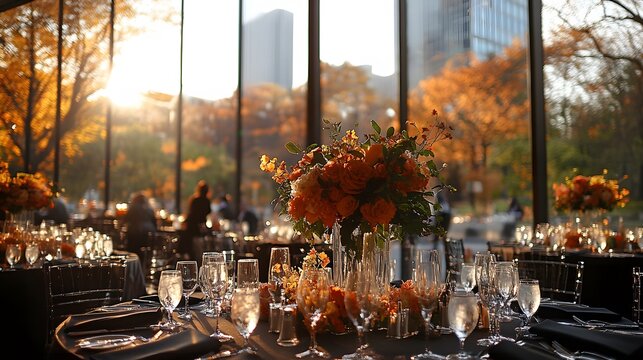 Elegant corporate event venue with ambient lighting and sophisticated table settings for upscale business functions
