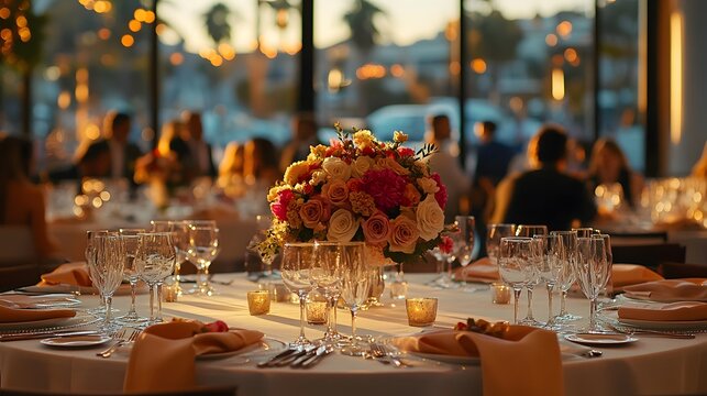 Elegant corporate event venue with ambient lighting and sophisticated table settings for upscale business functions
