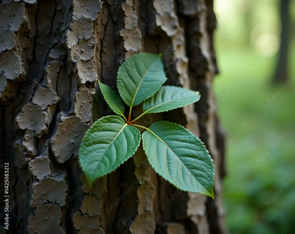 Poster detailed tree bark and leaf texture, a close-up view of nature's intricate patterns and textures dis