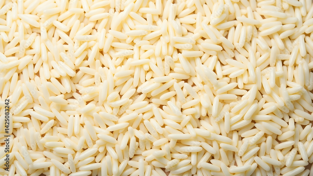 Poster detailed top-down view of scattered grainy rice, showing its texture, shape, and density with an ove