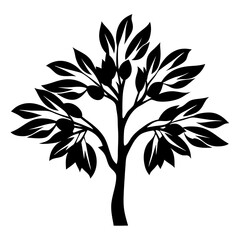 Elegant Stylized Tree Silhouette with Leaves and Fruits in Black and White