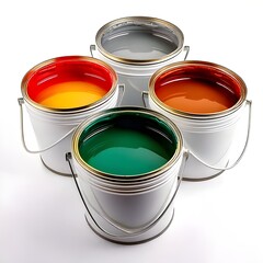 Four white paint buckets filled with Orange, Brown, Green, and Gray paint on White Background