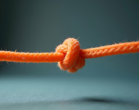 Detailed View of a Vibrant Orange Rope Tied in a Knot, Illustrating Strength and Connection on a Muted Blue Background for Creative Projects