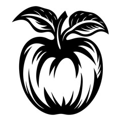 Stylized Apple with Leaves Black and White Vector Graphic Illustration