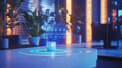 Tech hub Smart device on marble table futuristic UI office plants illuminated dividers