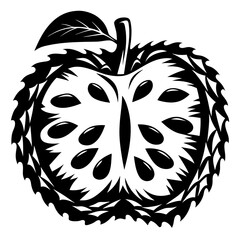 Graphical depiction of a sliced soursop fruit showing seeds and rind