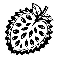 Black and white graphic illustration of a soursop fruit with leaves