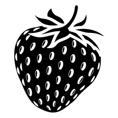 Black and white illustration of a fresh strawberry with seeds and leaves