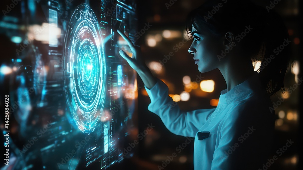 Poster tech visionary interacts with a holographic display futuristic cityscape backdrop