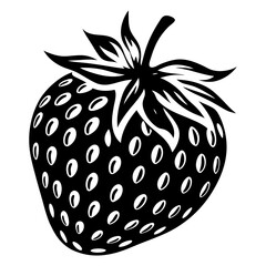 Monochrome vector illustration of a strawberry with leaves and seed details
