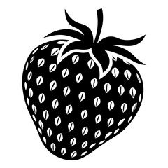 A stylized black and white strawberry illustration with striking contrast and detail