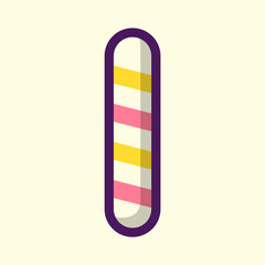 A candy cane with a purple stripe and yellow stripe is shown in the shape of the letter 