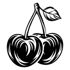 Stylized monochromatic image of two cherries with a leaf on the stem