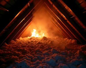 Dramatic depiction of a fire raging within an attic space, flames illuminating wooden beams and thick insulation, suggesting danger and destruction, smoke seeping out