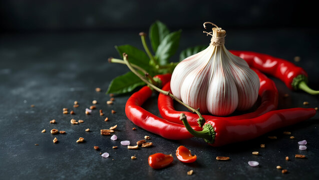 Dramatic close-up shot of a garlic bulb nestled within vibrant red chili peppers on a stone surface, evoking a sense of culinary artistry and spicy intensity