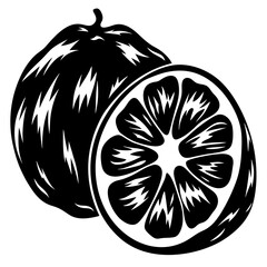 Graphic black and white illustration of a whole orange and orange slice