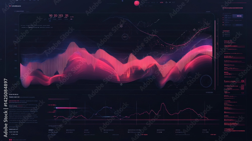 Poster Futuristic digital interface with data visualization, graphs, and charts in dark theme.