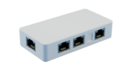 A white network splitter with three rj forty five ports displayed against a dark background clearly visible