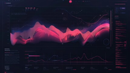 Futuristic digital interface with data visualization, graphs, and charts in dark theme.