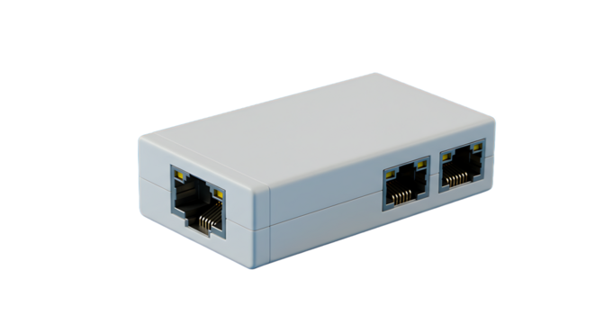A white network splitter with three ports for ethernet cables on a black background isolated object