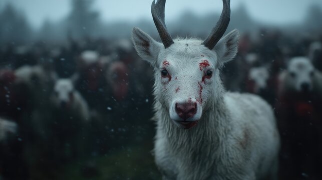 Wounded white deer amidst a herd, blood splattered