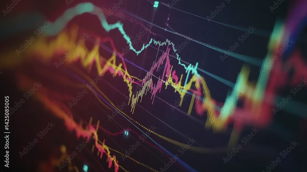 Poster Abstract colorful financial data graph on screen.