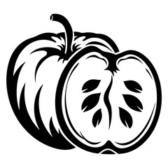 Monochrome illustration of two apples, one of which is cut in half showing seeds