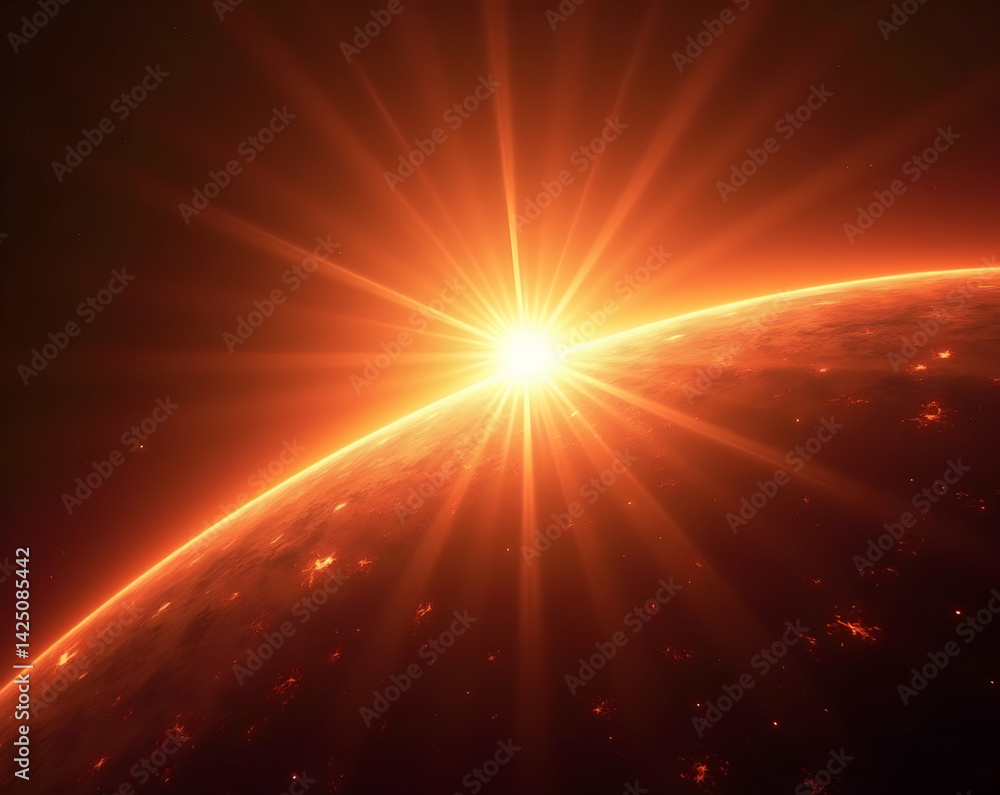 Poster dramatic solar flare erupting from a distant planet creating an intense and fiery abstract compositi