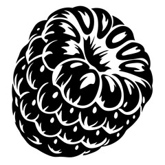 Black and white graphic design of a raspberry fruit in detail