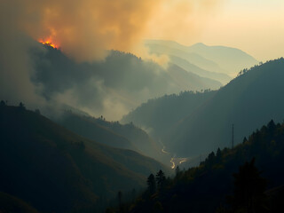 Dramatic vista of undulating hills shrouded in mist, with a wildfire burning on a distant ridge, creating a smoky haze over the tranquil landscape at sunset