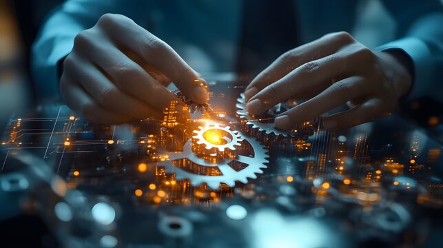 Dynamic business environment showcasing the concept of business agility, with symbols representing company transformation towards higher efficiency and rapid adaptation to market changes,


