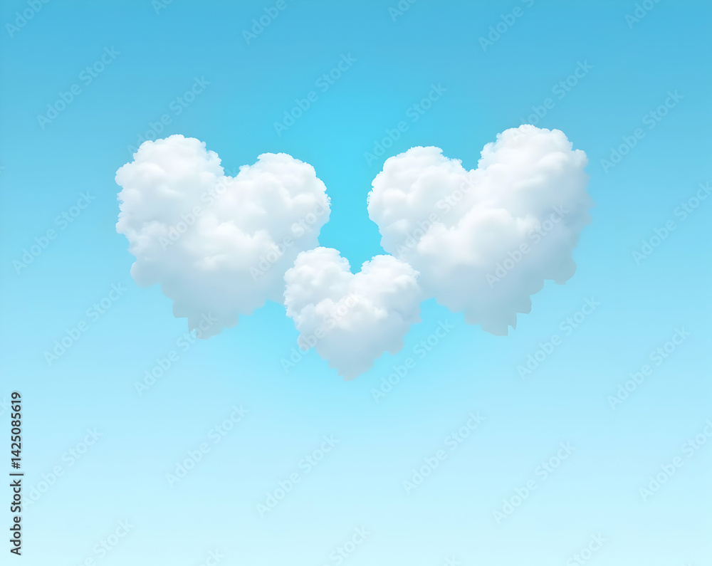 Poster dreamy sky scene featuring a cluster of heart-shaped clouds gently floating in a serene azure expans
