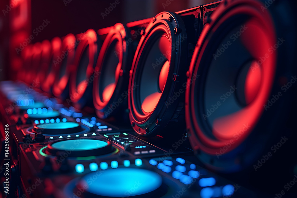 Poster dynamic arrangement of subwoofers with vibrant sound lines showcasing high fidelity audio and modern