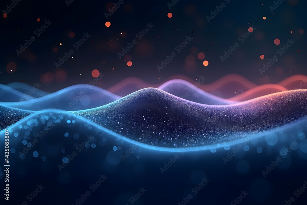 Poster dynamic abstract waveform, a pulsing digital landscape of shimmering particles, evoking innovation, 