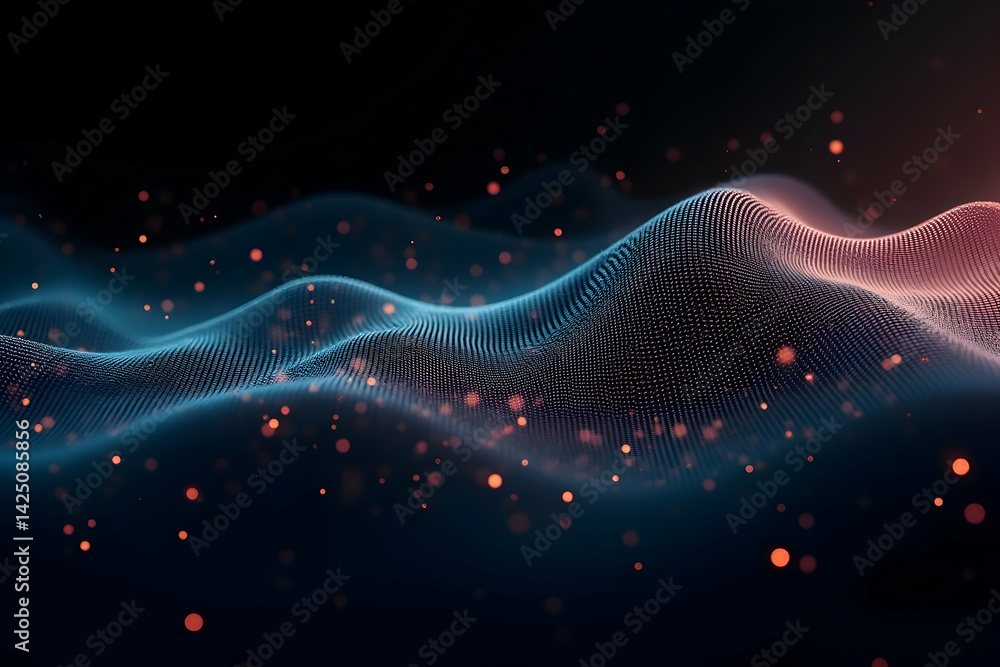 Poster dynamic audio visualization, high-contrast abstract mesh soundwave reacting to audio signals in high