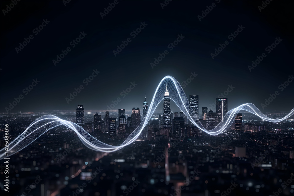 Poster dynamic data visualization, electric audio curves flowing over a modern metropolis at twilight captu