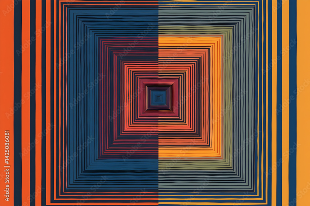 Poster dynamic concentric squares, a vibrant op art inspired image with high contrast, creating a visually 