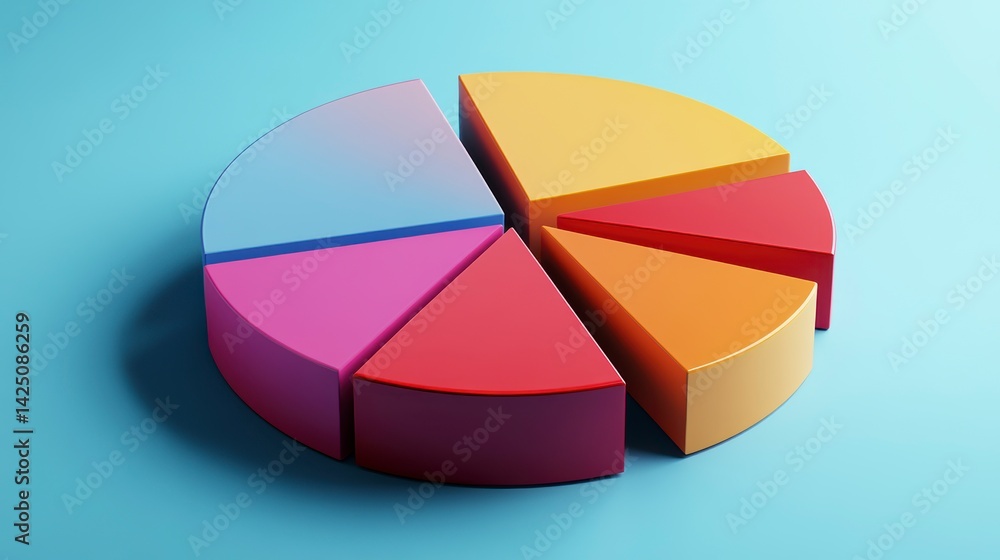 Poster 3d colorful pie chart on blue background, showing data segmentation.