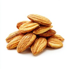 A pile of almonds arranged neatly isolated on white background
