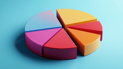3D colorful pie chart on blue background, showing data segmentation.