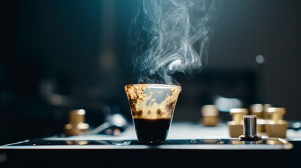 Steaming espresso with swirling coffee particles, minimalist brewing tools in soft focus, capturing the essence of coffee extraction.