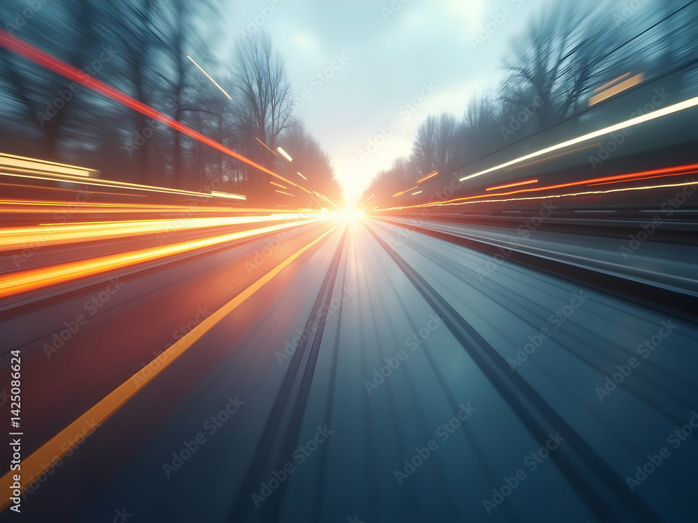 Poster dynamic motion blur abstract showcases speed and connectivity, featuring streaking lights on highway
