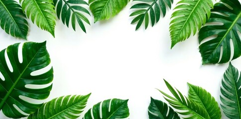 Tropical leaves frame with copy space on white background, jungle, design, blank paper