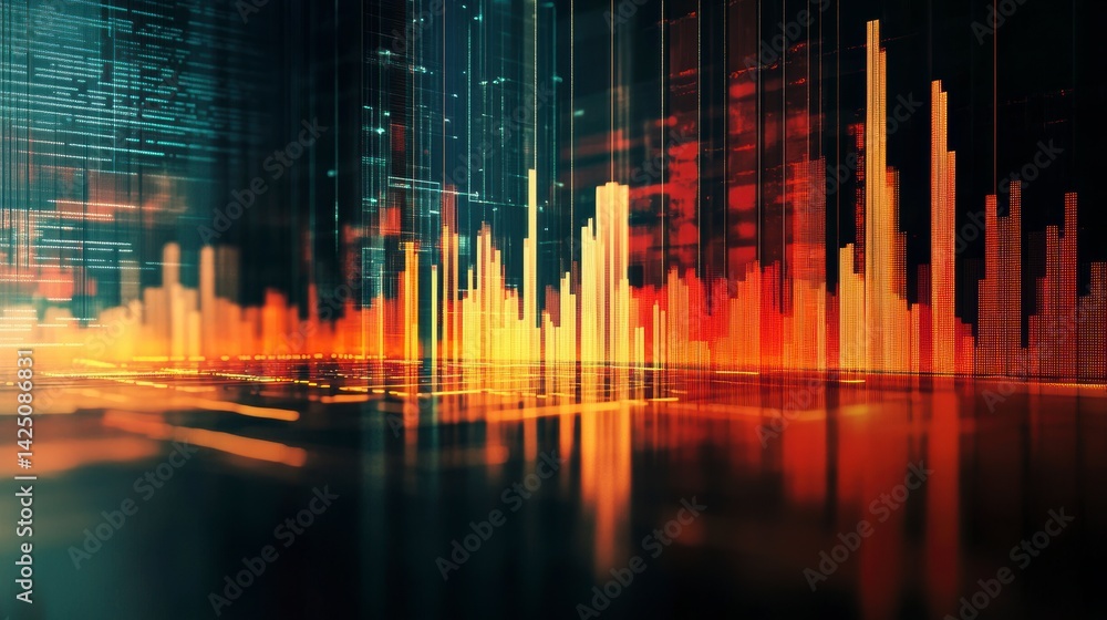 Poster abstract cityscape at night with glowing orange and red lines reflecting on a dark surface.