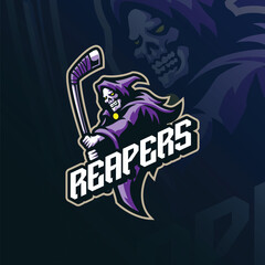 Reaper mascot logo design with modern illustration concept style for badge, emblem and t shirt printing. Reaper hockey illustration.