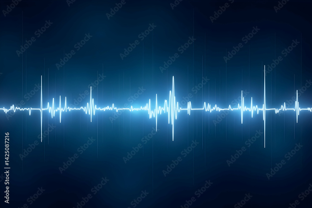 Poster dynamic white waveform on a blue tech canvas, visualizing frequency and technology in a modern abstr