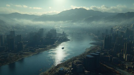 River City Mountains loom over a misty metropolis bisected by a wide river reflecting sunlight on skyscrapers