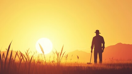 Fototapeta premium Silhouette of a Farmer at Sunset in the Countryside, may day illustration, may day
