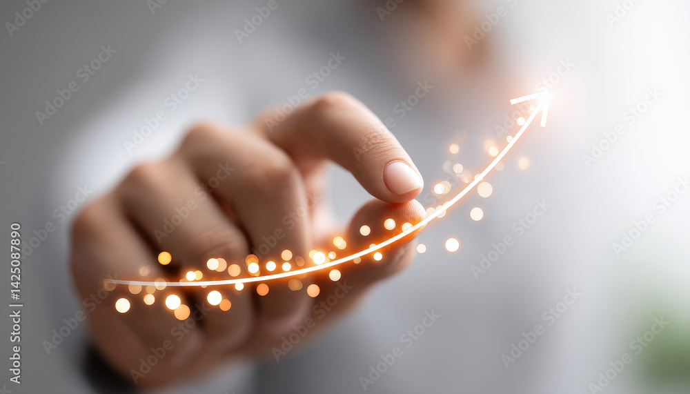 Aufkleber hand touching virtual curve of increasing growth, symbolizing progress and success with glowing arro